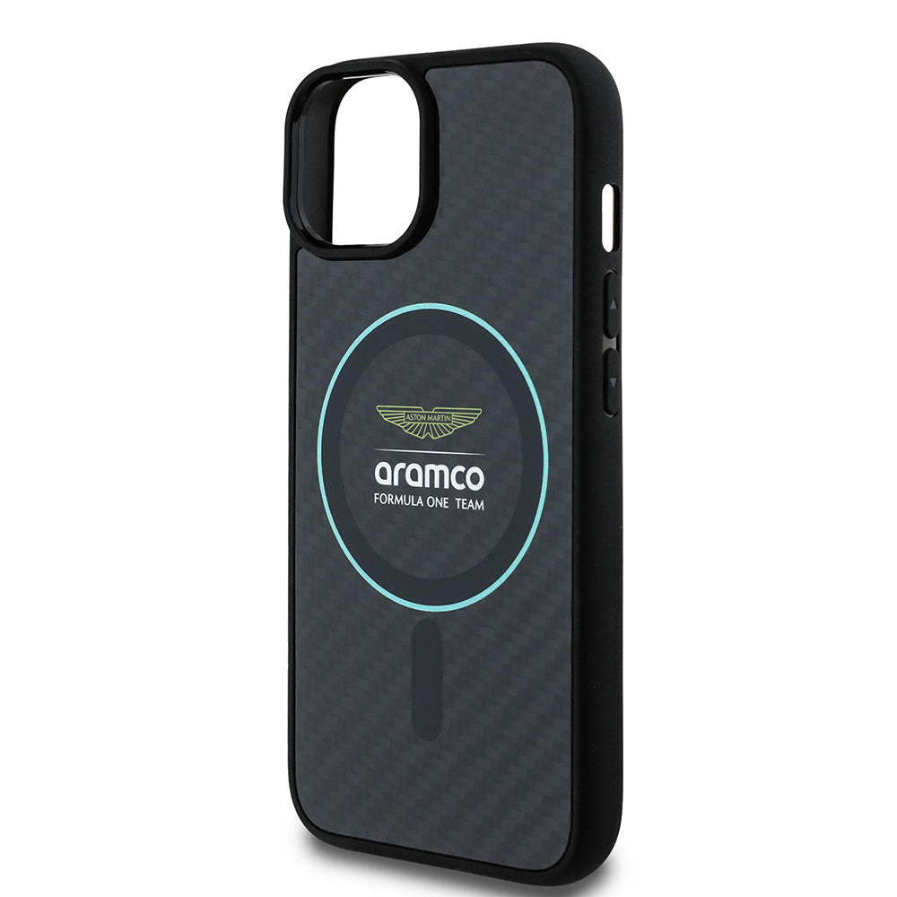 Apple iPhone 14 Case Aston Martin Original Licensed M-Safe Charging Feature Colored Ring and Carbon Fiber Design Cover Black-Green