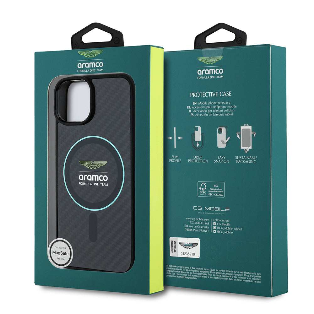 Apple iPhone 14 Case Aston Martin Original Licensed M-Safe Charging Feature Colored Ring and Carbon Fiber Design Cover Black-Green