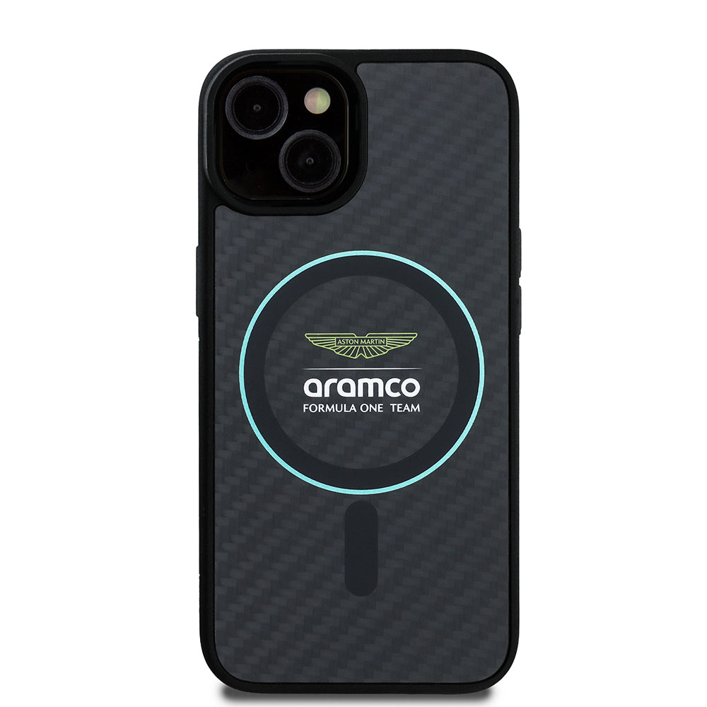 Apple iPhone 14 Case Aston Martin Original Licensed M-Safe Charging Feature Colored Ring and Carbon Fiber Design Cover Black-Green