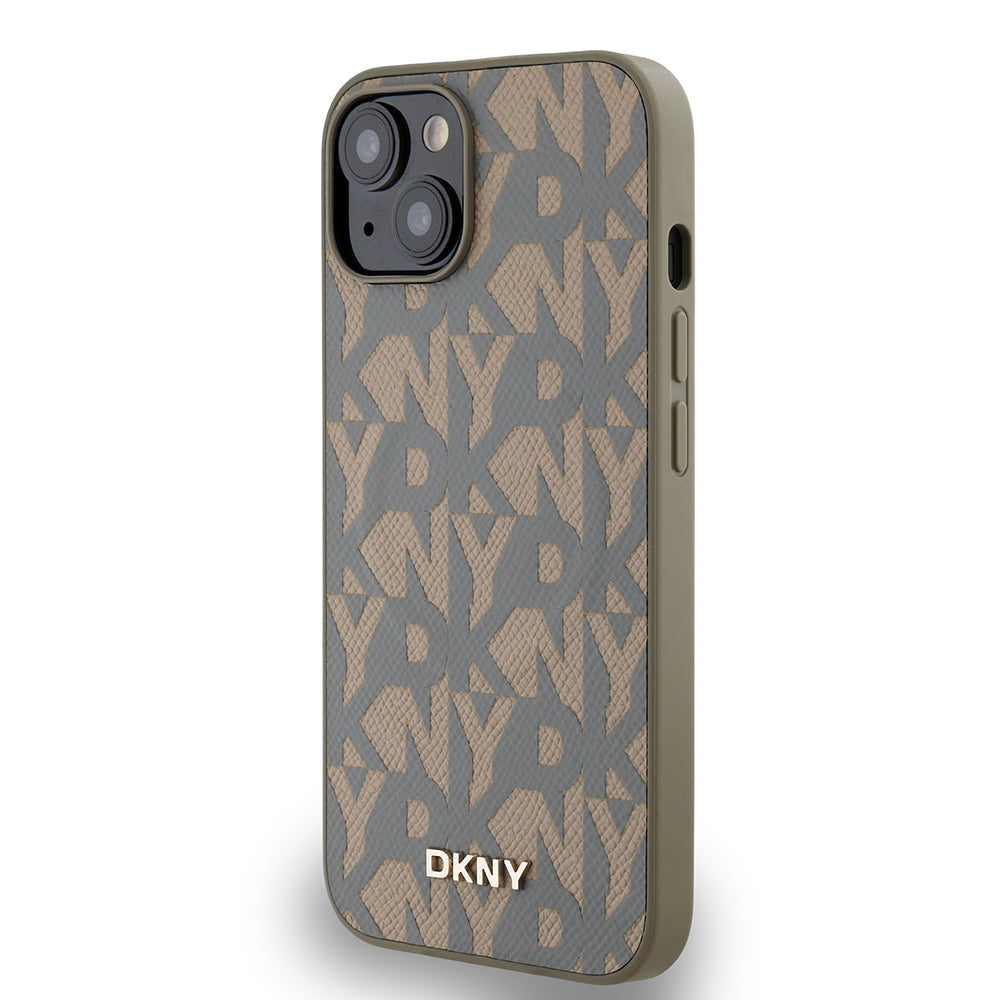 Apple iPhone 14 Case DKNY Original Licensed M-safe Charging Feature 3D Printed Grid Pattern Cover Brown