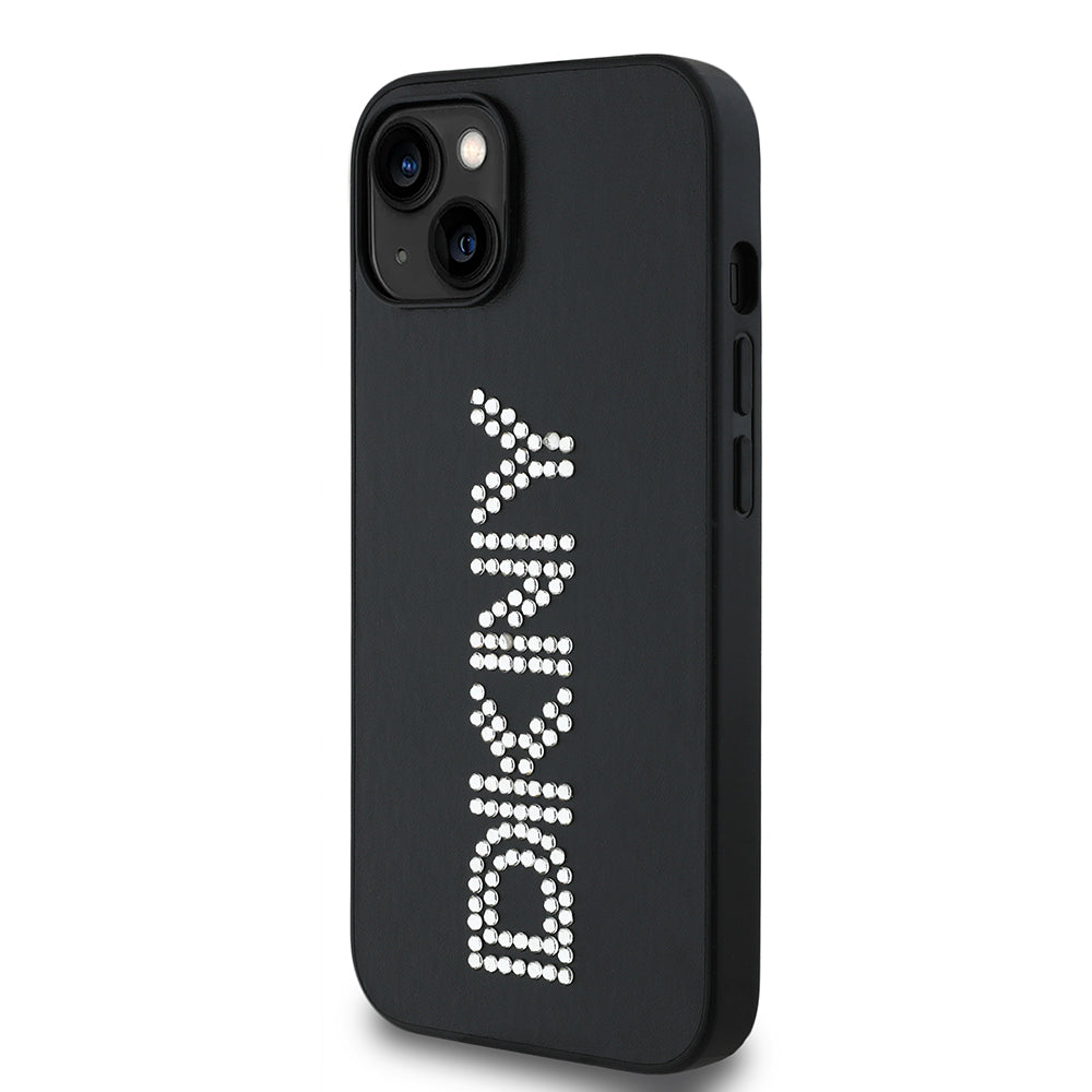 Apple iPhone 14 Case DKNY Original Licensed Stoned DKNY Written Metallic Rhinestones PU Leather Cover Brown
