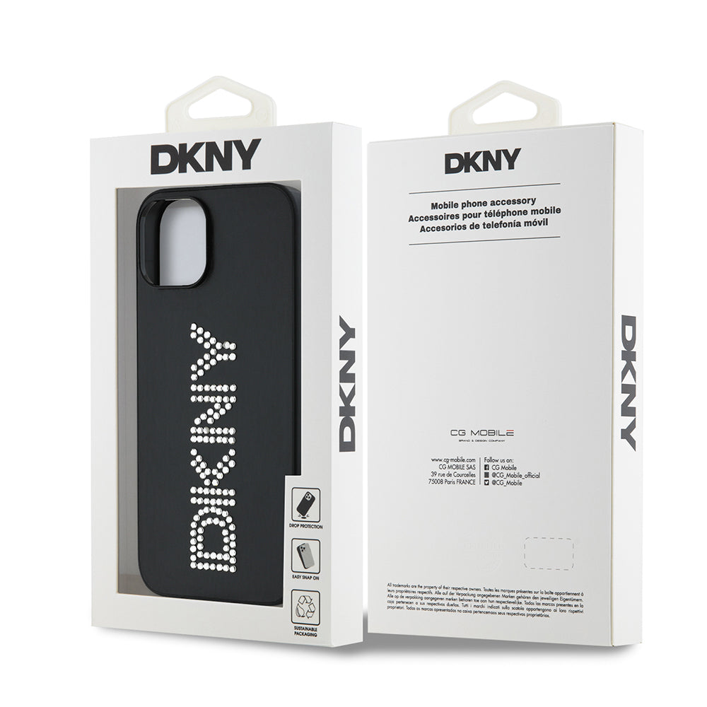 Apple iPhone 14 Case DKNY Original Licensed Stoned DKNY Written Metallic Rhinestones PU Leather Cover Brown