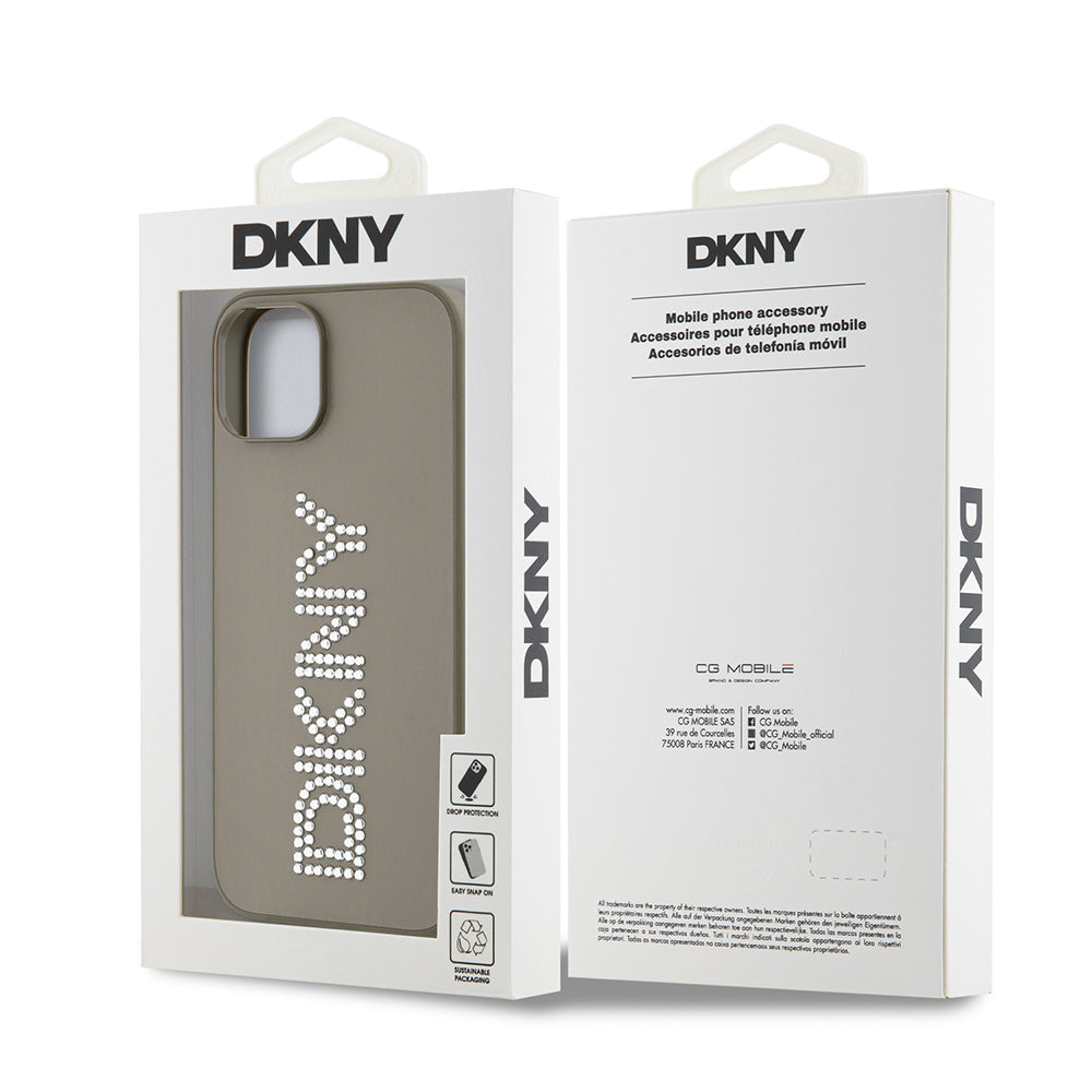 Apple iPhone 14 Case DKNY Original Licensed Stoned DKNY Written Metallic Rhinestones PU Leather Cover Brown
