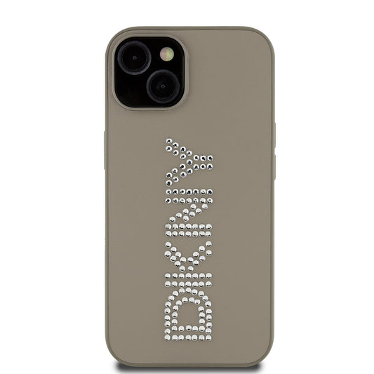 Apple iPhone 14 Kılıf DKNY Orjinal Lisanslı Taşlı DKNY Yazılı Metalik Rhinestones PU Deri Kapak Kahverengi