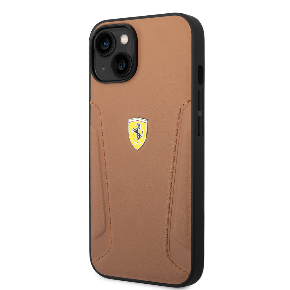 Apple iPhone 14 Kılıf Ferrari Orjinal Lisanslı Deri Kenarları Damgalı Dizayn Kapak Kahverengi