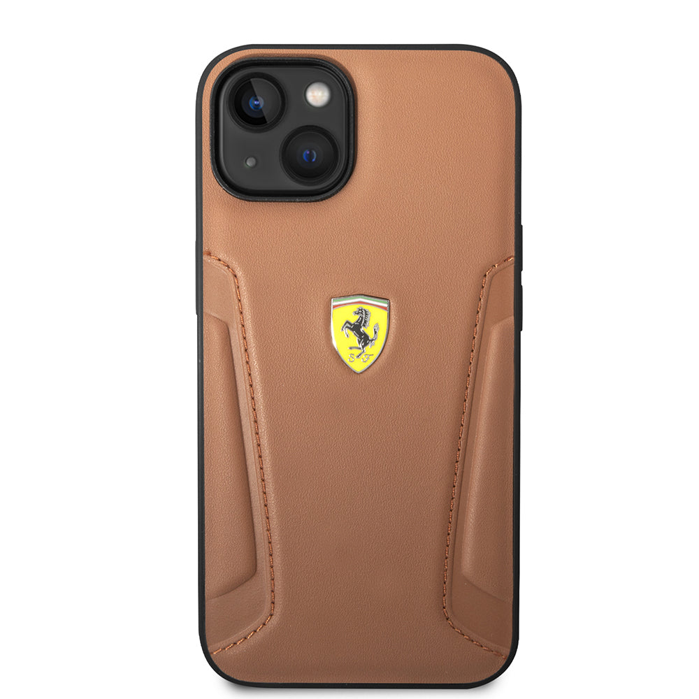 Apple iPhone 14 Kılıf Ferrari Orjinal Lisanslı Deri Kenarları Damgalı Dizayn Kapak Kahverengi