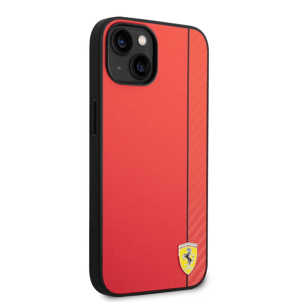 Apple iPhone 14 Kılıf Ferrari Orjinal Lisanslı M-safe Şarj Özellikli Pu Deri Ve Karbon Şeritli Dizayn Kapak Kırmızı