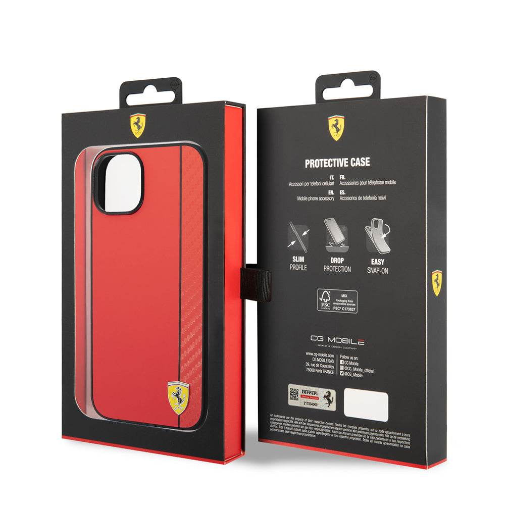 Apple iPhone 14 Kılıf Ferrari Orjinal Lisanslı M-safe Şarj Özellikli Pu Deri Ve Karbon Şeritli Dizayn Kapak Kırmızı