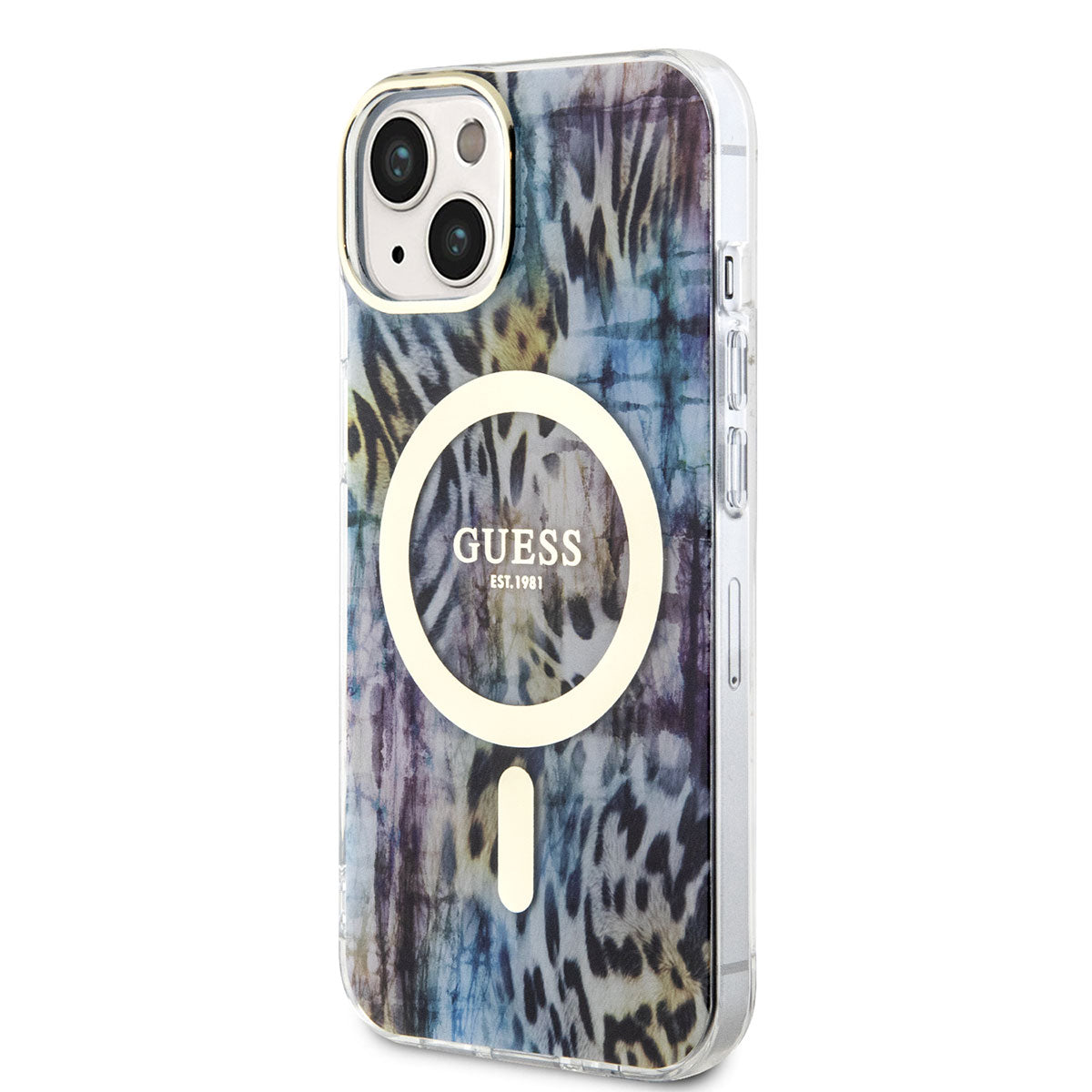 Apple iPhone 14 Case GUESS M-safe Charging Feature Leopard Pattern Cover Blue