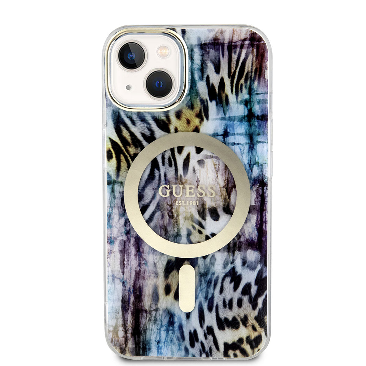 Apple iPhone 14 Case GUESS M-safe Charging Feature Leopard Pattern Cover Blue
