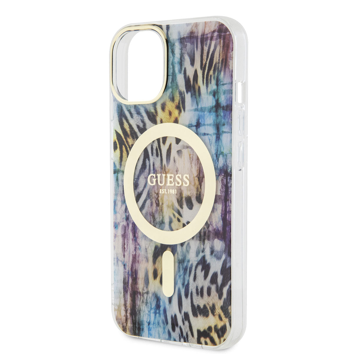 Apple iPhone 14 Case GUESS M-safe Charging Feature Leopard Pattern Cover Blue