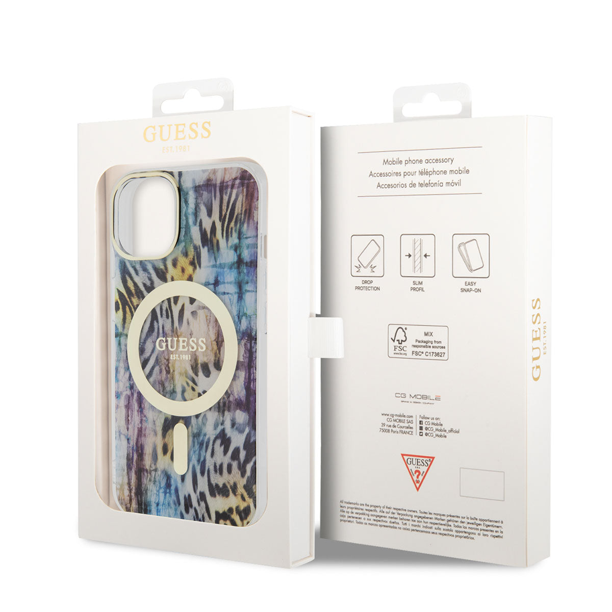 Apple iPhone 14 Case GUESS M-safe Charging Feature Leopard Pattern Cover Blue