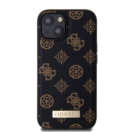 Apple iPhone 14 Kılıf Guess M-safe Şarj Özellikli PU Deri Desenli Metal Plaka Logolu Kapak Siyah