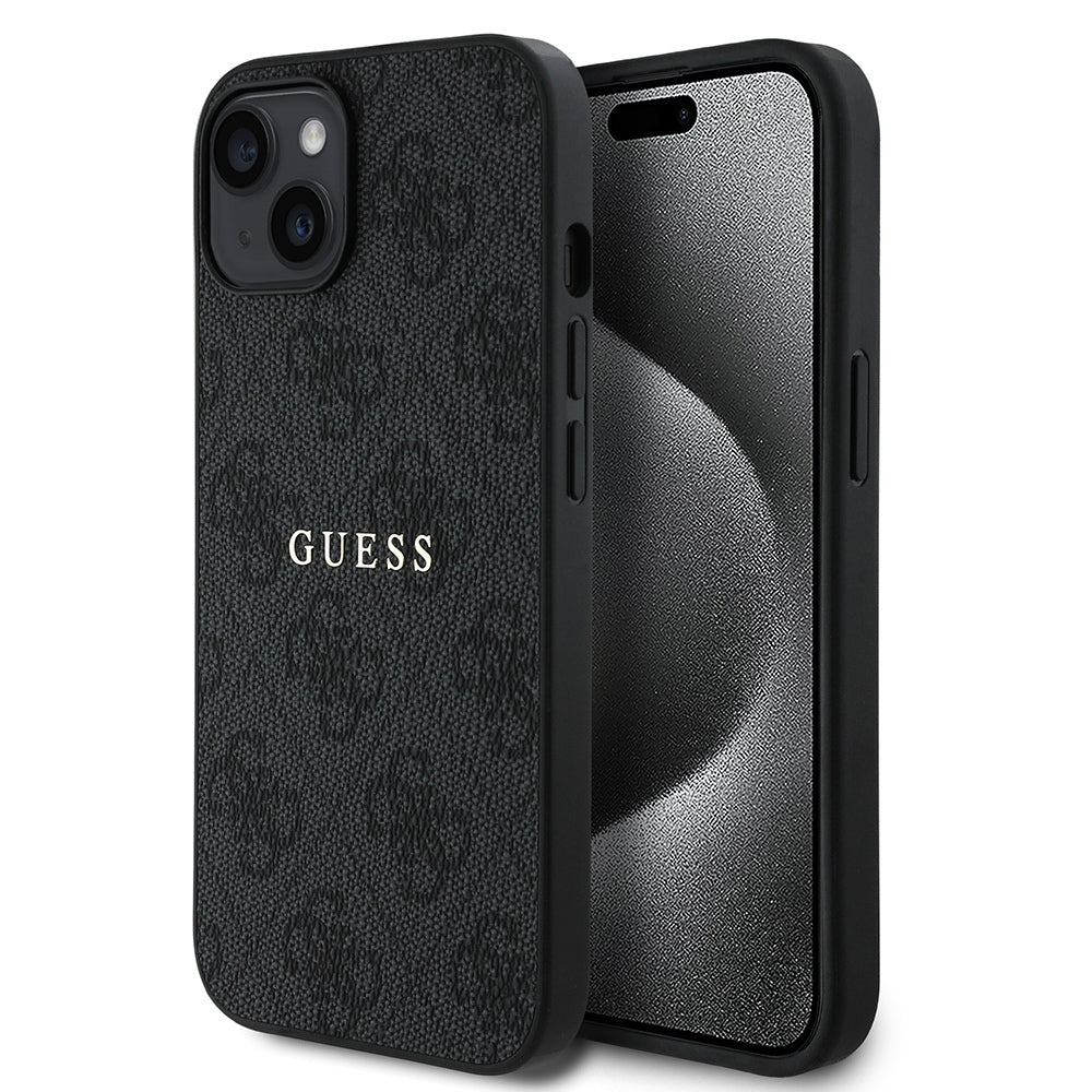 Apple iPhone 14 Case Guess Original Licensed M-safe Charging Feature 4G Pattern Text Logo Cover Black