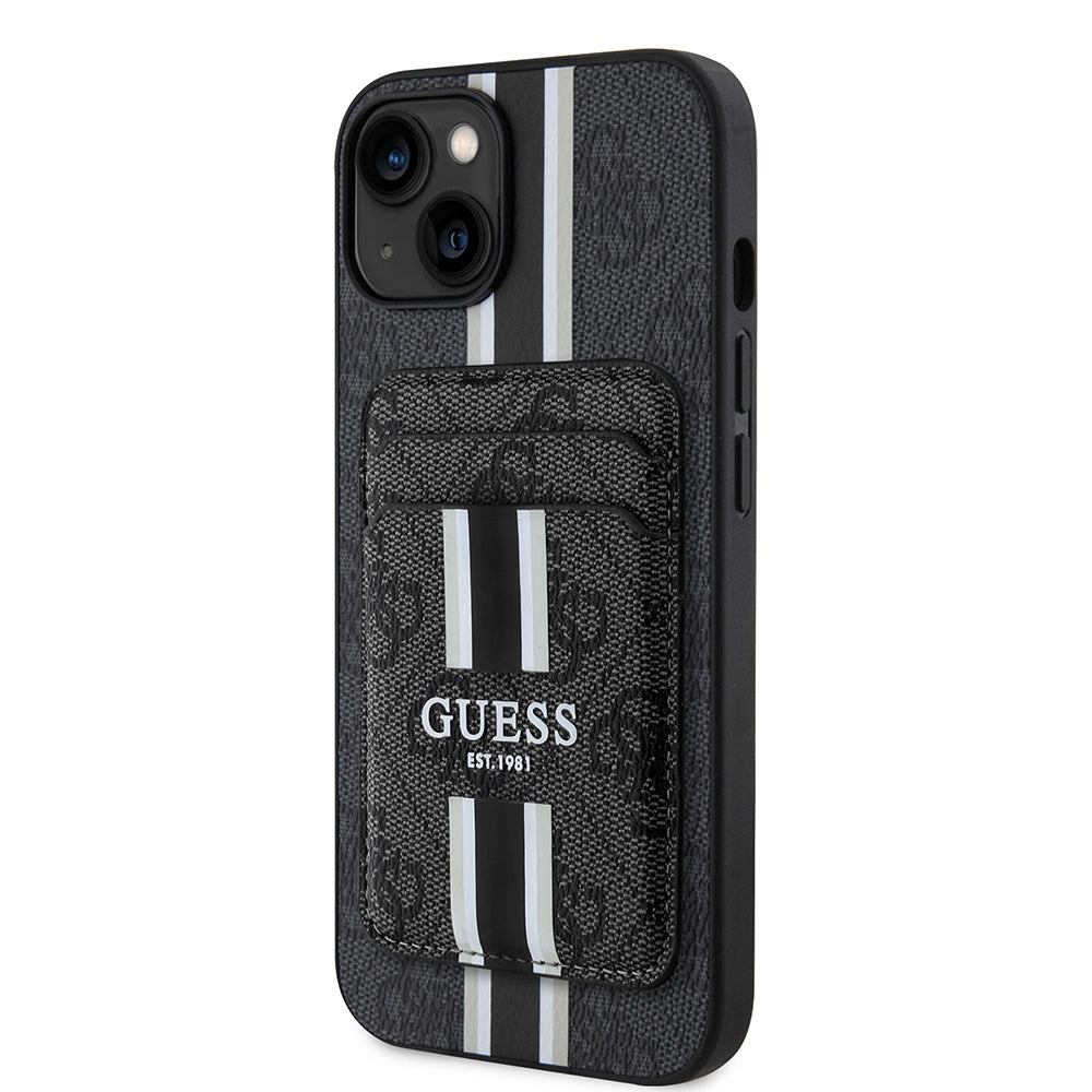 Apple iPhone 14 Case Guess Original Licensed M-safe Charging Feature 4G Patterned Striped Card Holder Cover Brown
