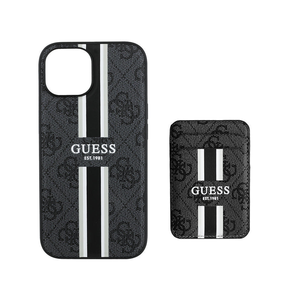 Apple iPhone 14 Case Guess Original Licensed M-safe Charging Feature 4G Patterned Striped Card Holder Cover Brown