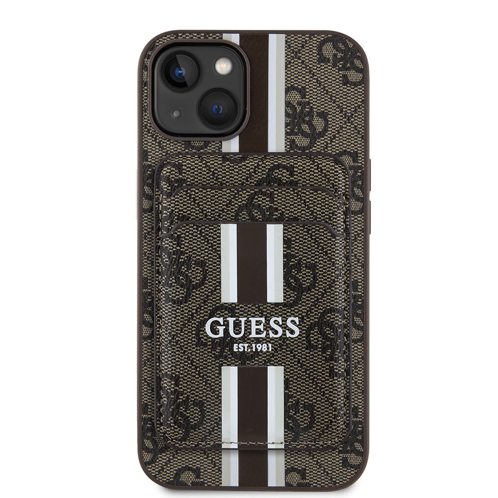 Apple iPhone 14 Case Guess Original Licensed M-safe Charging Feature 4G Patterned Striped Card Holder Cover Brown