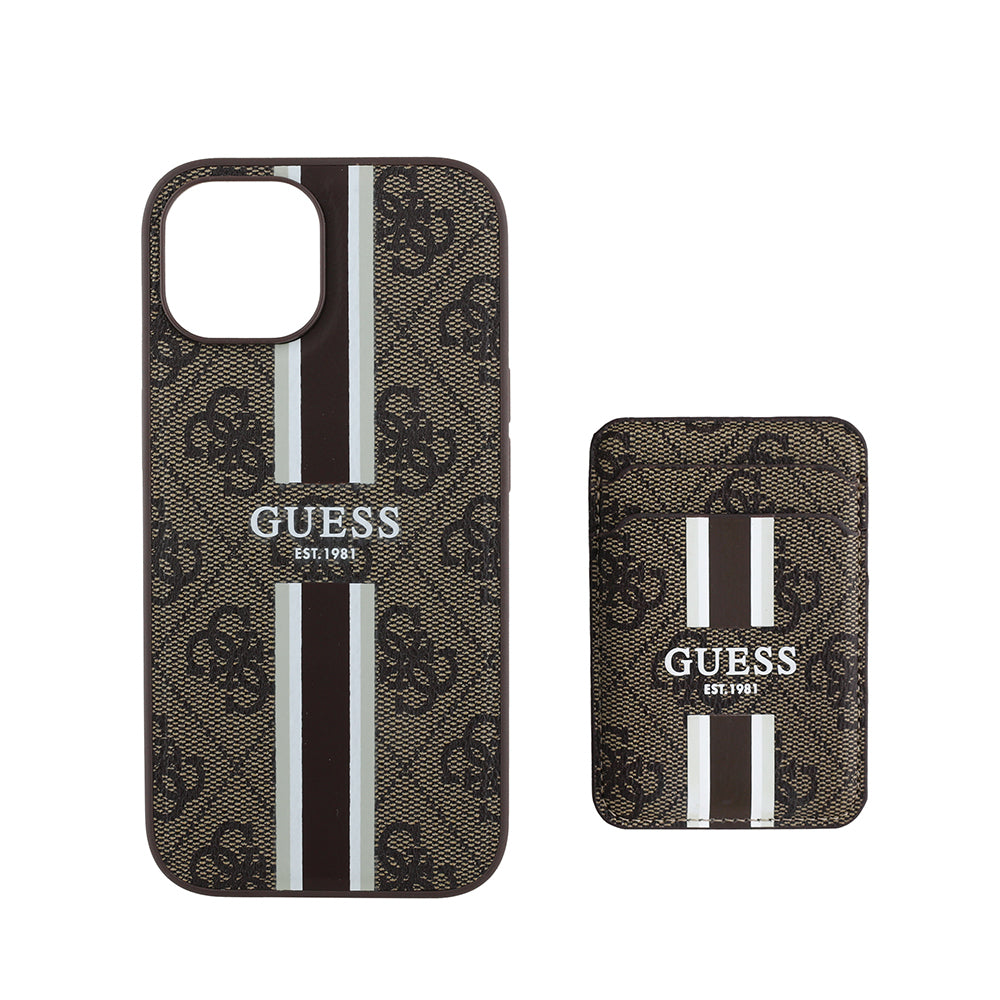 Apple iPhone 14 Case Guess Original Licensed M-safe Charging Feature 4G Patterned Striped Card Holder Cover Brown