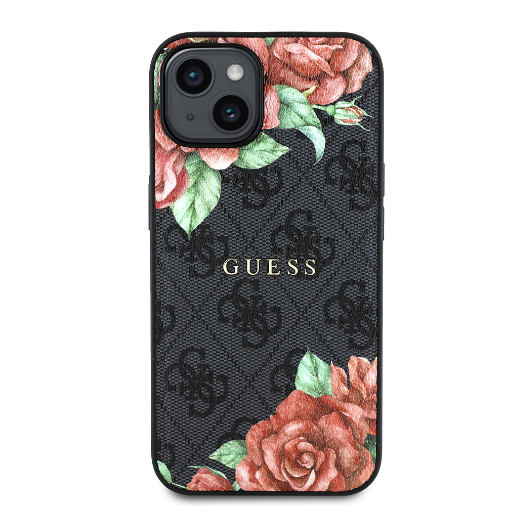 Apple iPhone 14 Case Guess Original Licensed M-safe Charging Feature Rose Printed 4G Patterned Text Logo Cover Black