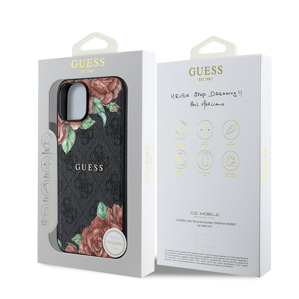 Apple iPhone 14 Case Guess Original Licensed M-safe Charging Feature Rose Printed 4G Patterned Text Logo Cover Black