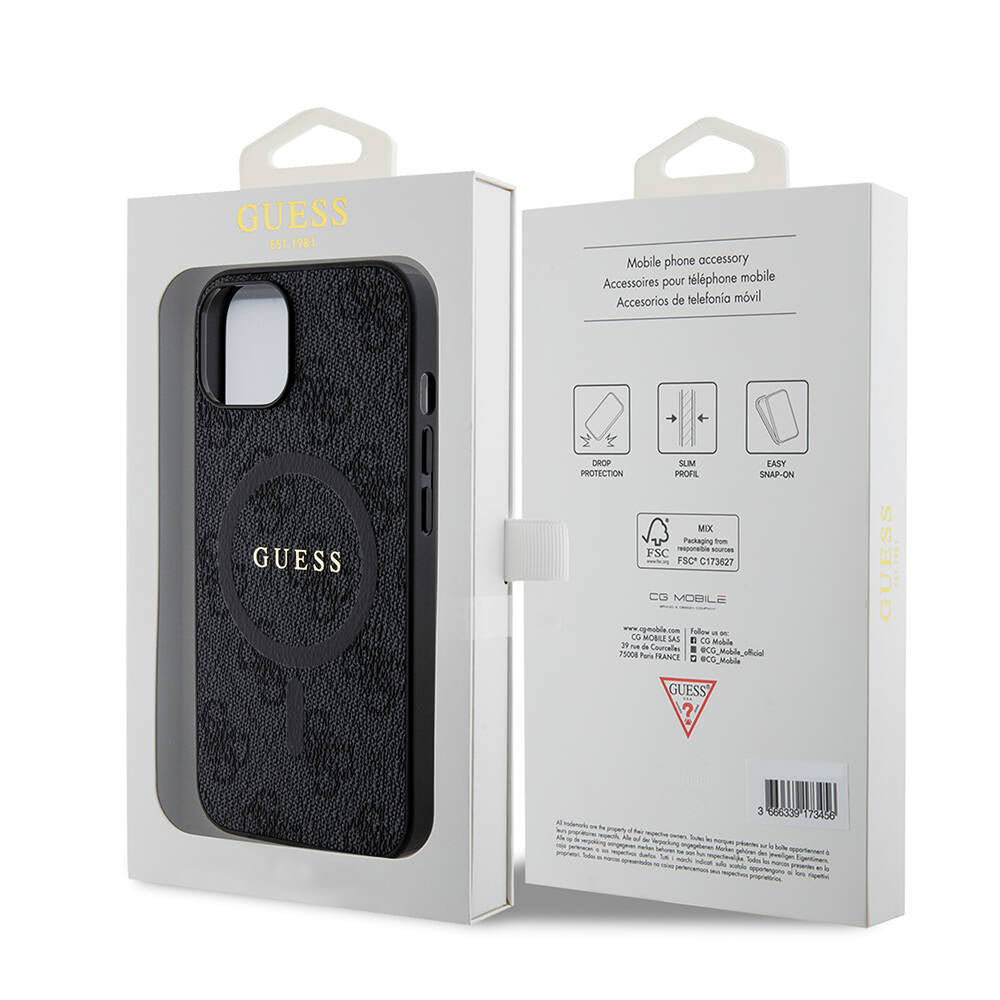Apple iPhone 14 Case Guess Original Licensed M-safe Charging Feature PU Ring 4G Patterned Text Logo Cover Brown