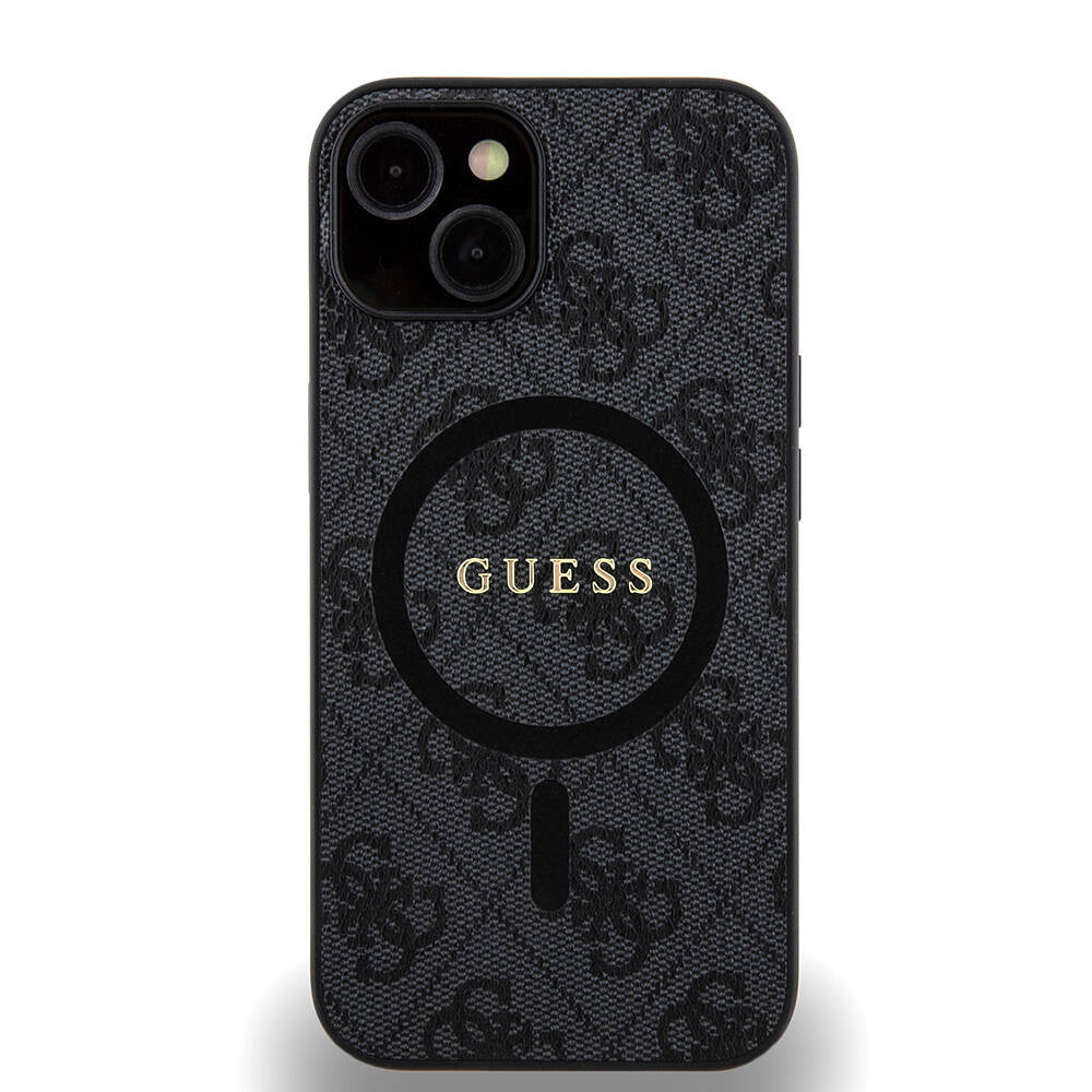 Apple iPhone 14 Case Guess Original Licensed M-safe Charging Feature PU Ring 4G Patterned Text Logo Cover Black