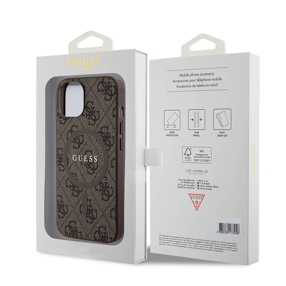 Apple iPhone 14 Case Guess Original Licensed M-safe Charging Feature PU Ring 4G Patterned Text Logo Cover Brown