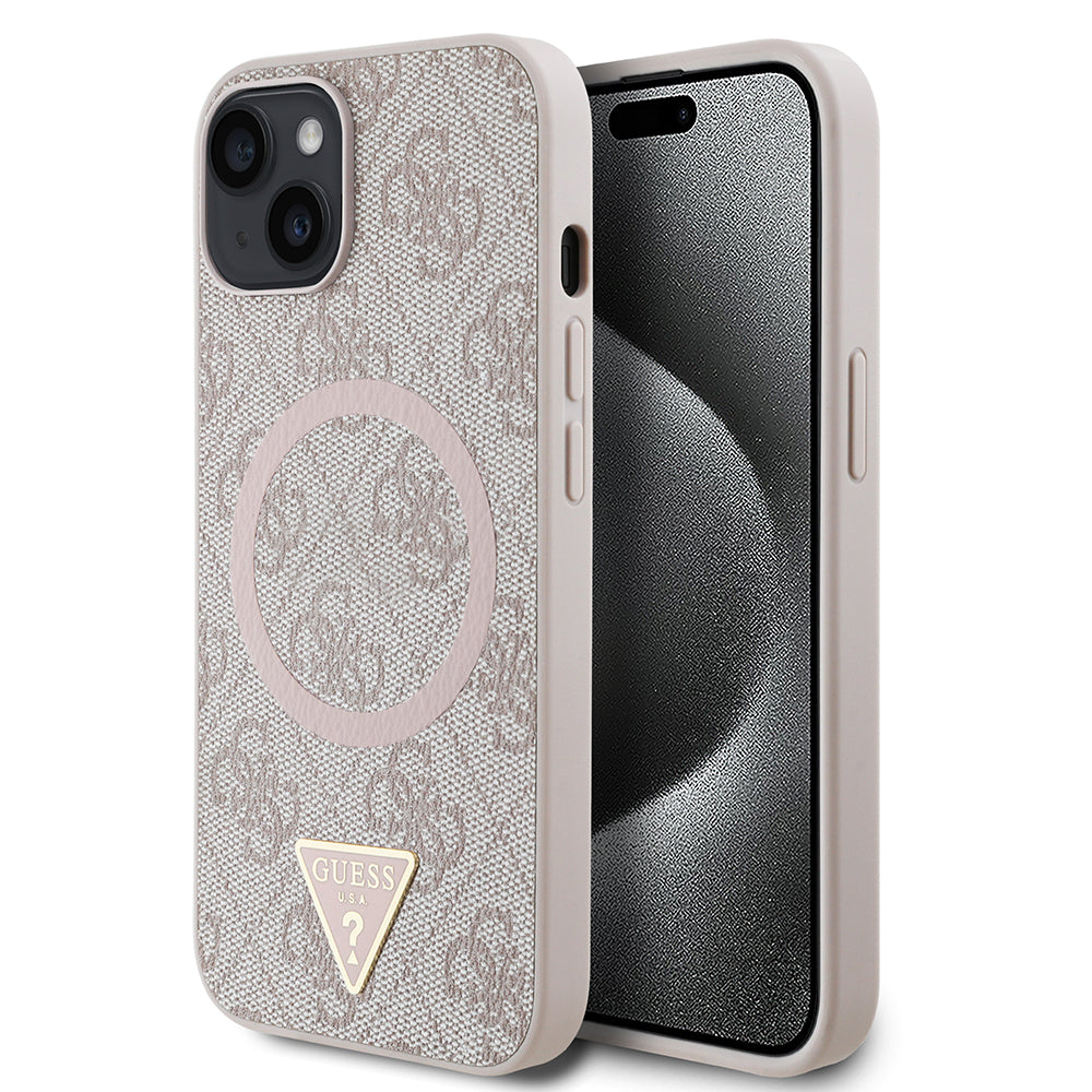 Apple iPhone 14 Case Guess Original Licensed M-safe Charging Feature PU Triangle Logo 4G Patterned Cover Pink