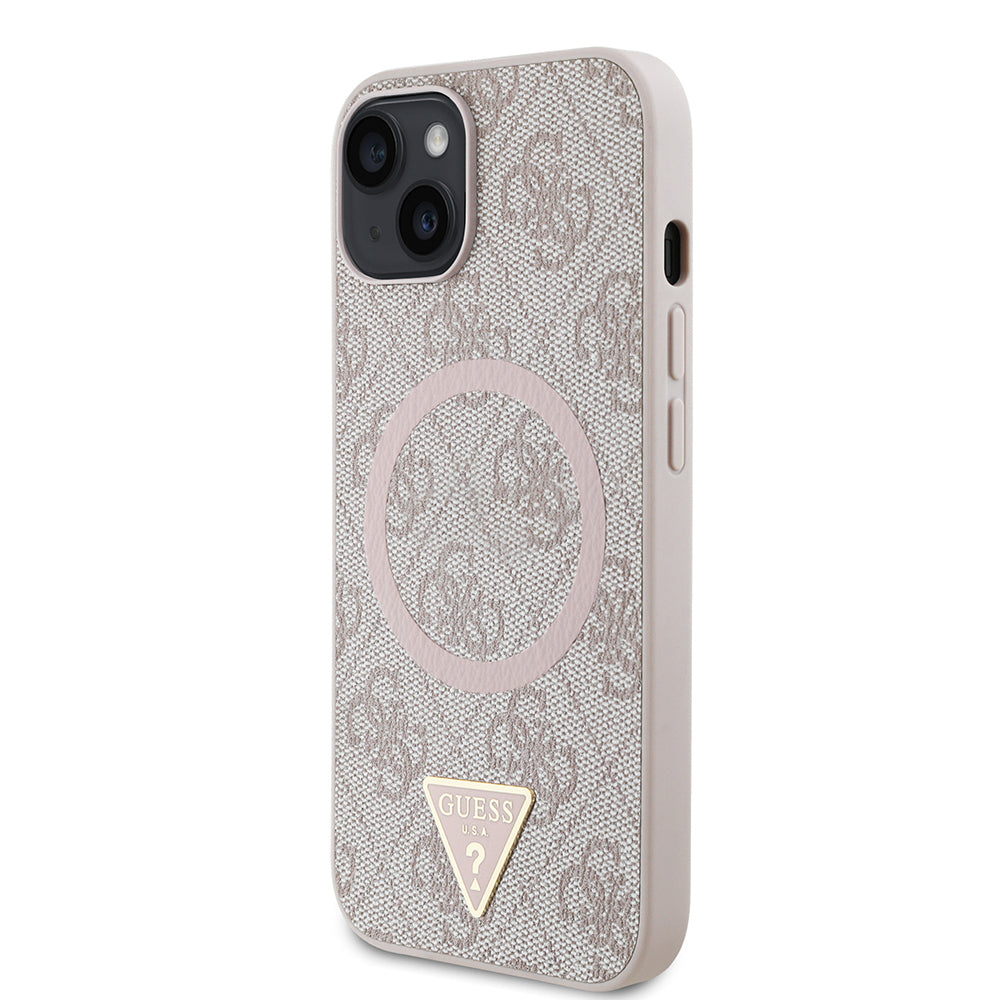 Apple iPhone 14 Case Guess Original Licensed M-safe Charging Feature PU Triangle Logo 4G Patterned Cover Black