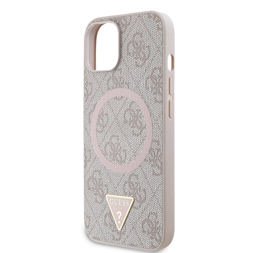 Apple iPhone 14 Case Guess Original Licensed M-safe Charging Feature PU Triangle Logo 4G Patterned Cover Pink