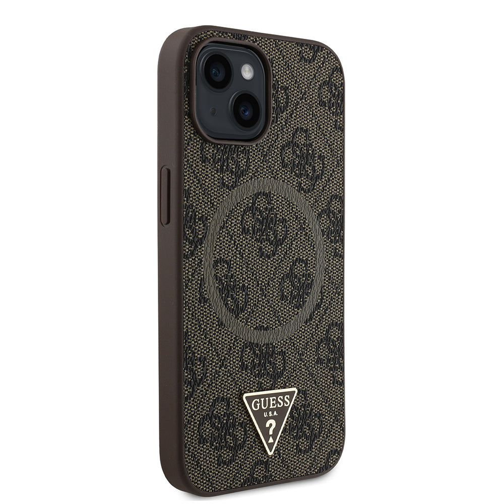 Apple iPhone 14 Case Guess Original Licensed M-safe Charging Feature PU Triangle Logo 4G Patterned Cover Black
