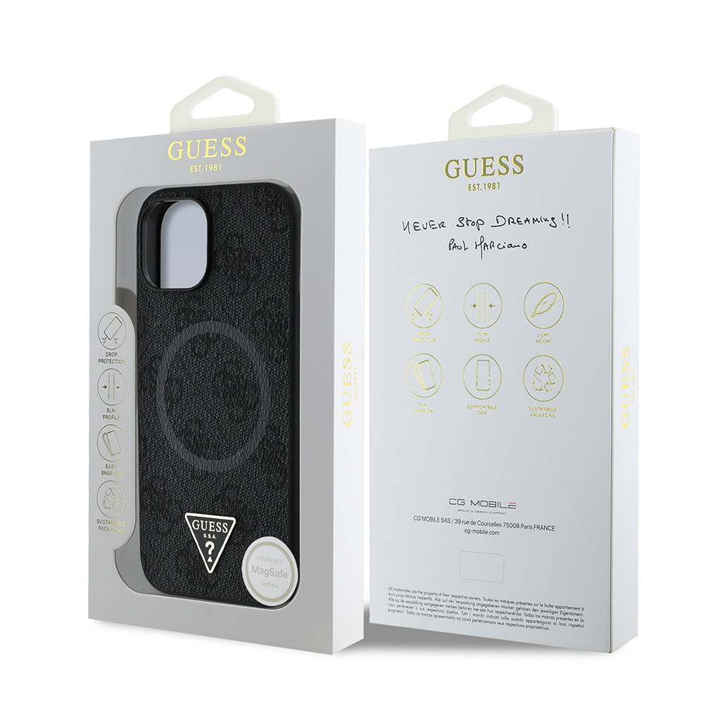 Apple iPhone 14 Case Guess Original Licensed M-safe Charging Feature PU Triangle Logo 4G Patterned Cover Black