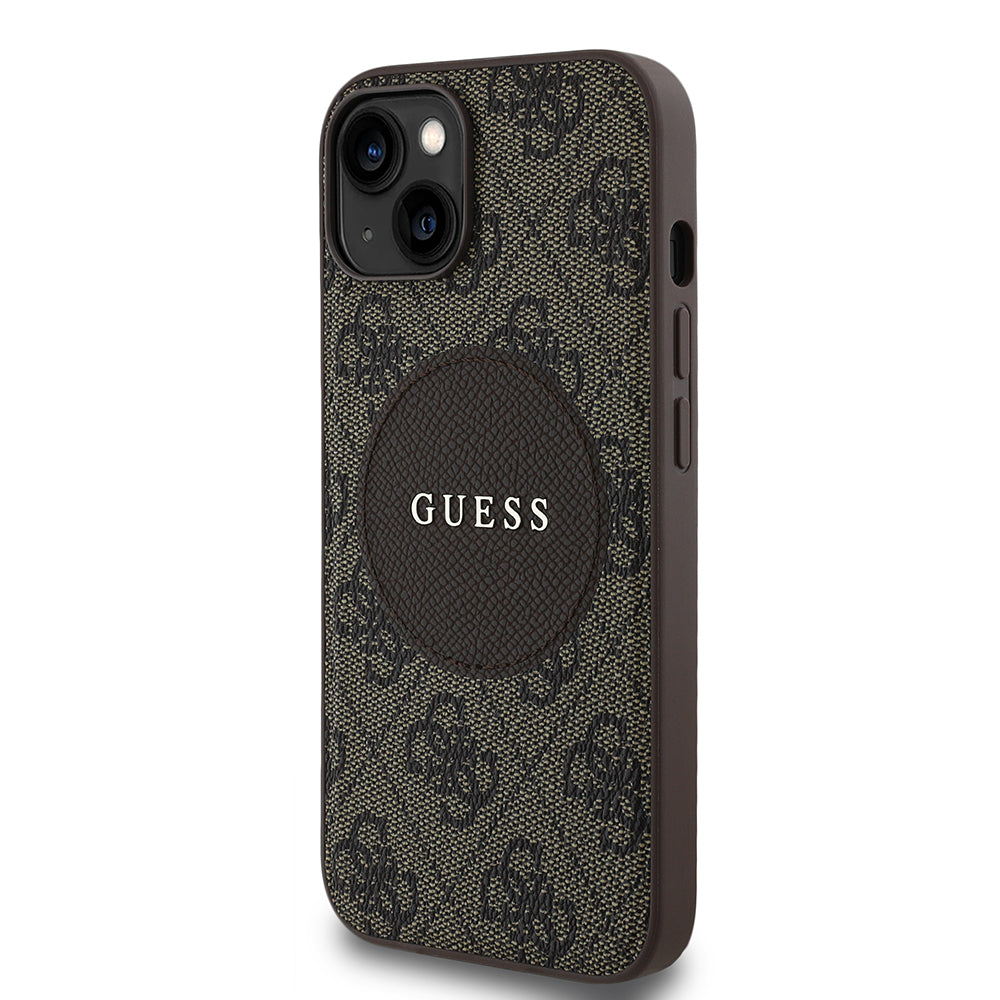 Apple iPhone 14 Case Guess Original Licensed M-safe Charging Feature Circle Classic Cover Brown with Text Logo