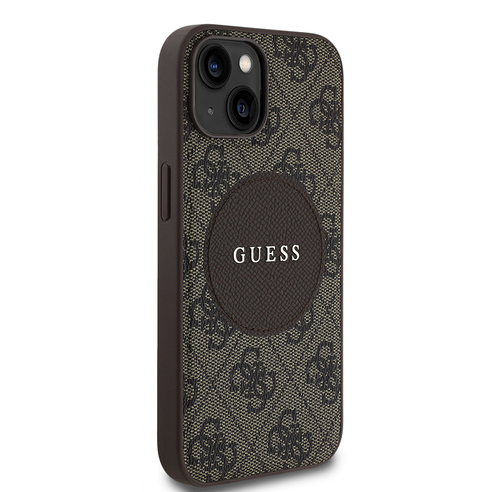 Apple iPhone 14 Case Guess Original Licensed M-safe Charging Feature Circle Classic Cover Brown with Text Logo