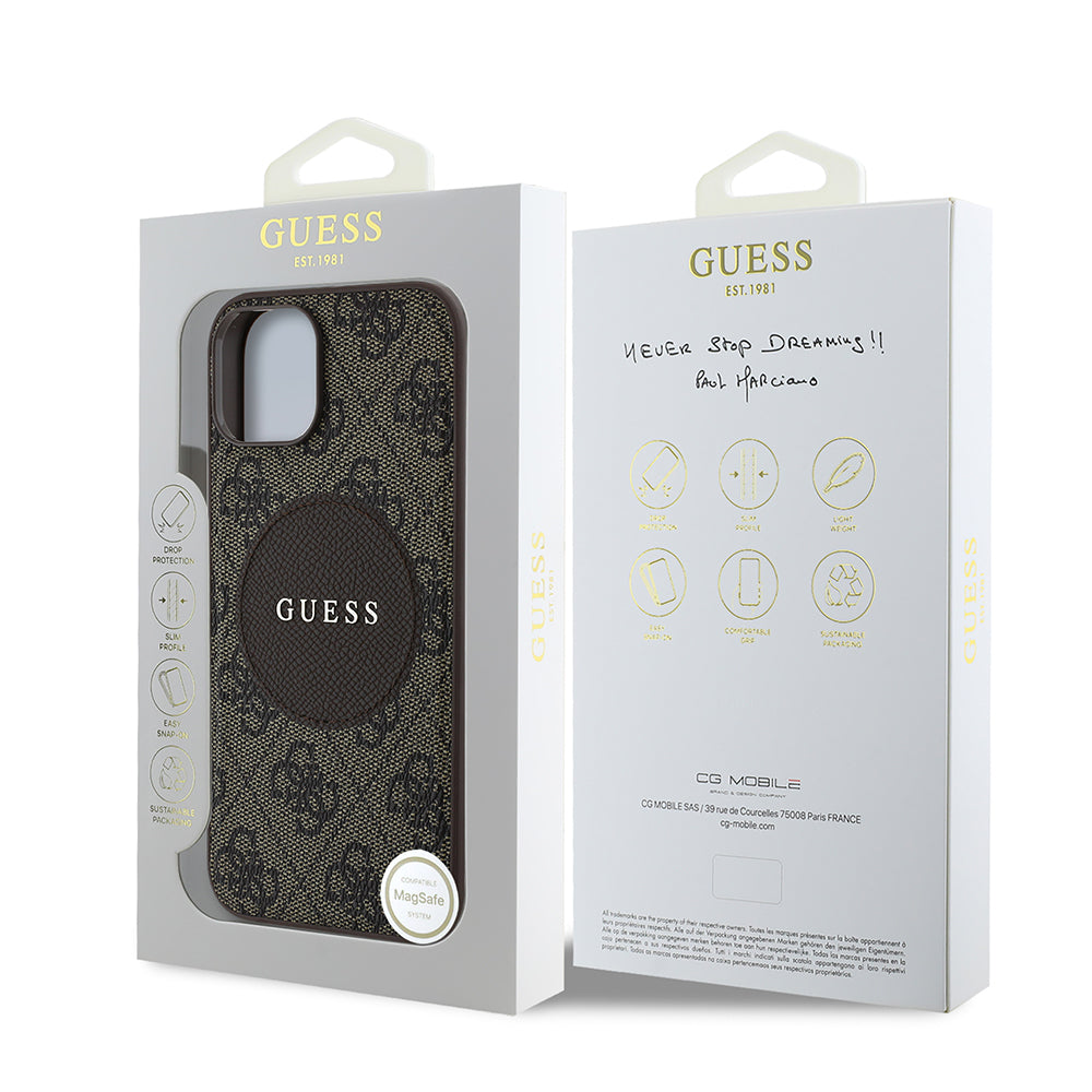 Apple iPhone 14 Case Guess Original Licensed M-safe Charging Feature Circle Classic Cover Brown with Text Logo