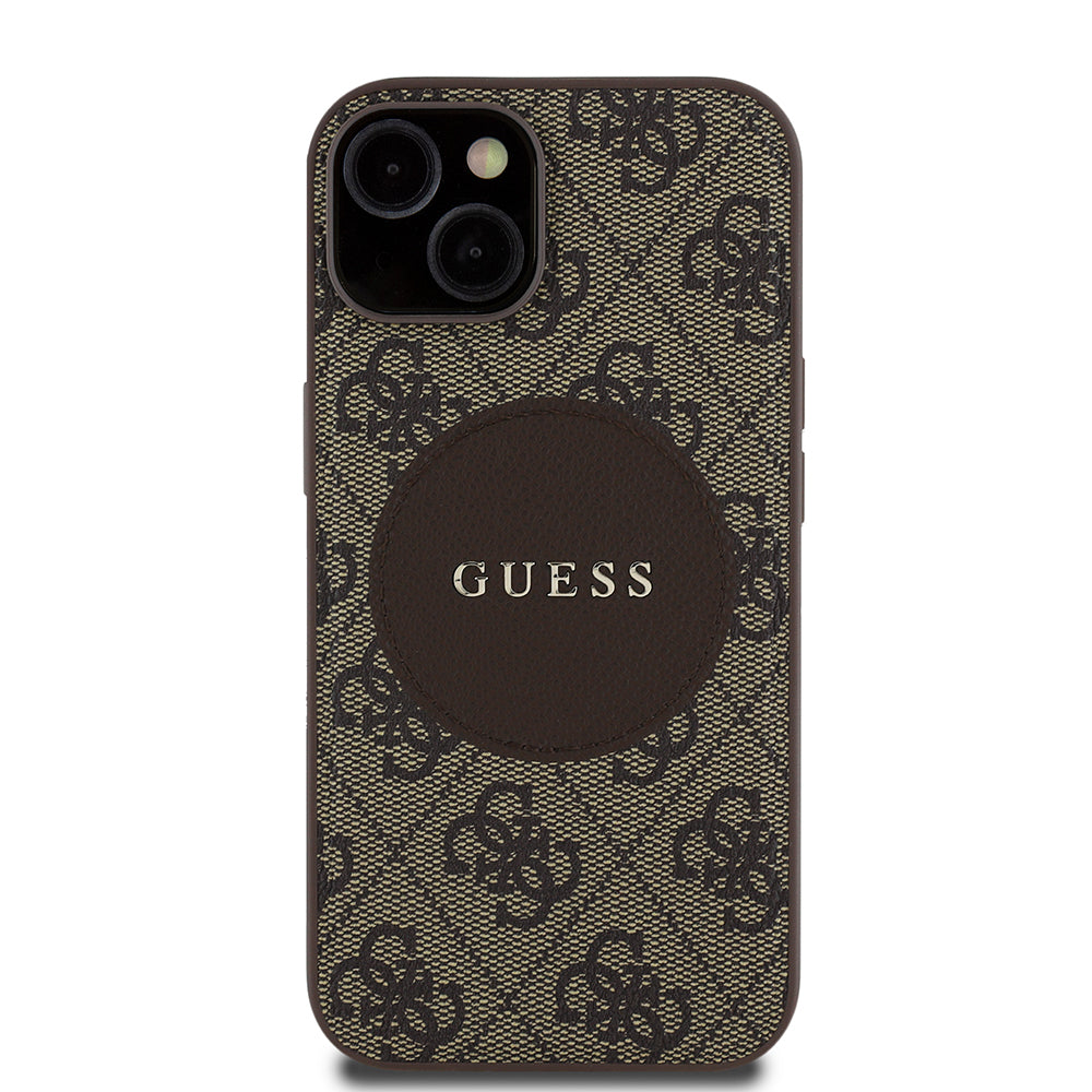 Apple iPhone 14 Case Guess Original Licensed M-safe Charging Feature Circle Classic Cover Brown with Text Logo