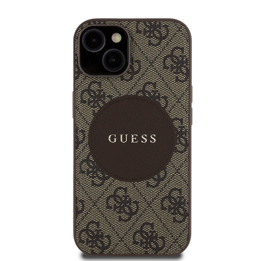 Apple iPhone 14 Kılıf Guess Orjinal Lisanslı M-safe Şarj Özellikli Yazı Logolu Circle Classic Kapak Kahverengi