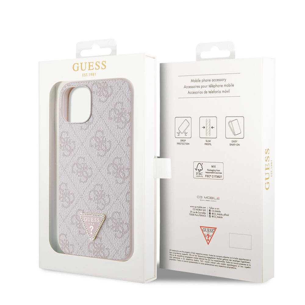 Apple iPhone 14 Case Guess Original Licensed PU Leather Stone Triangle Logo 4G Patterned Cover Brown