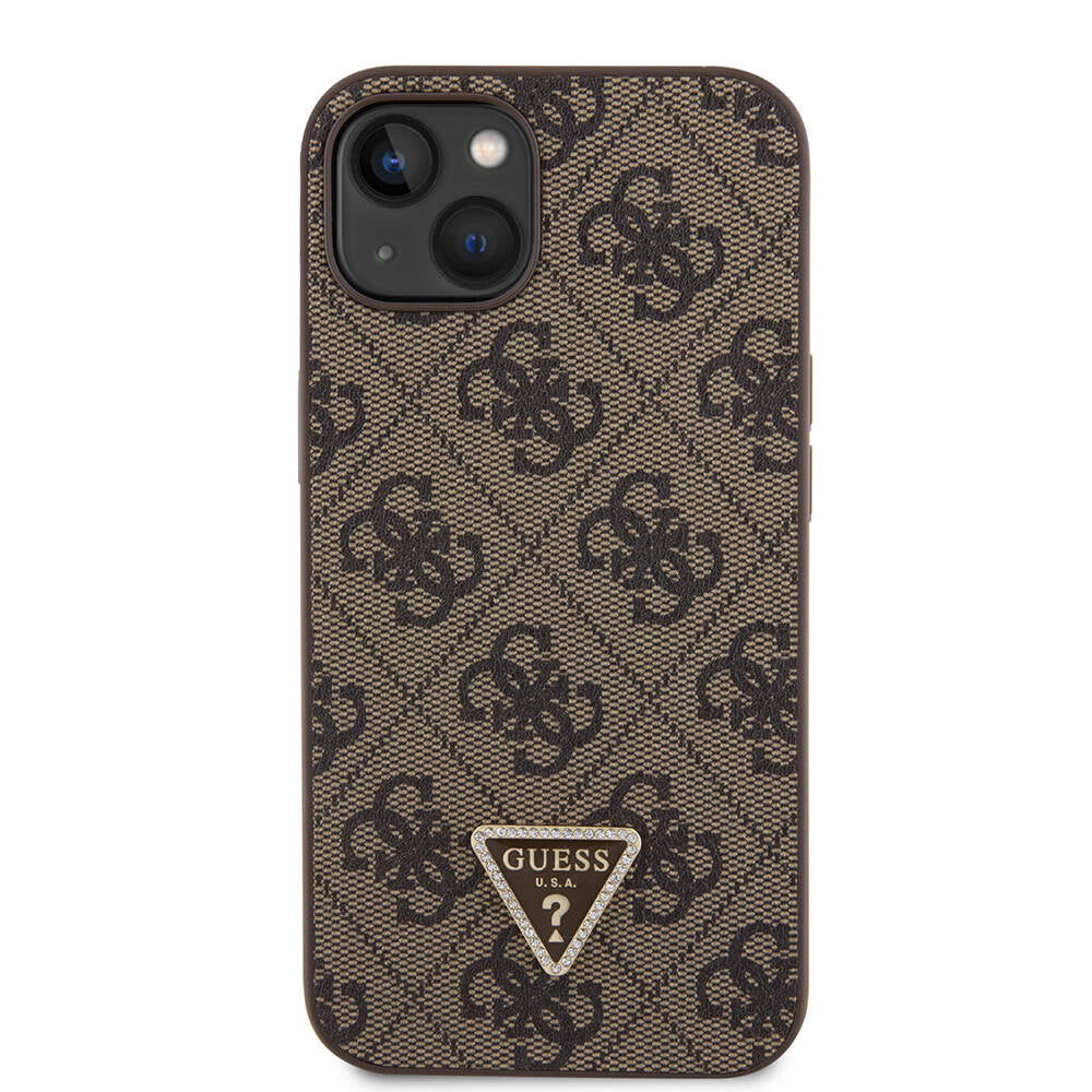 Apple iPhone 14 Case Guess Original Licensed PU Leather Stone Triangle Logo 4G Patterned Cover Brown