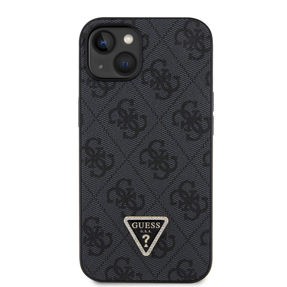 Apple iPhone 14 Case Guess Original Licensed PU Leather Stone Triangle Logo 4G Patterned Cover Brown