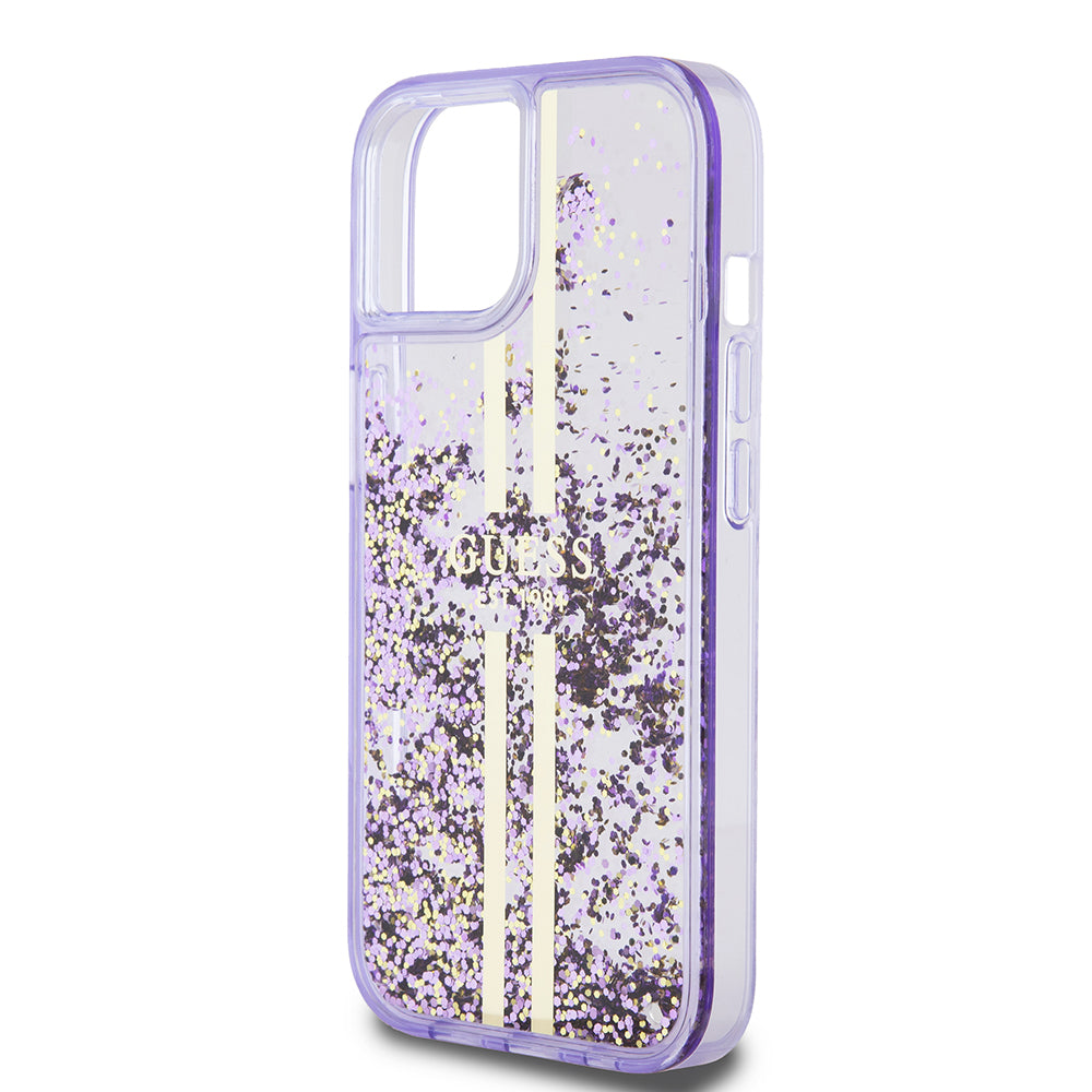 Apple iPhone 14 Case Guess Original Licensed Transparent Liquid Glitter Gold Striped Cover Pink
