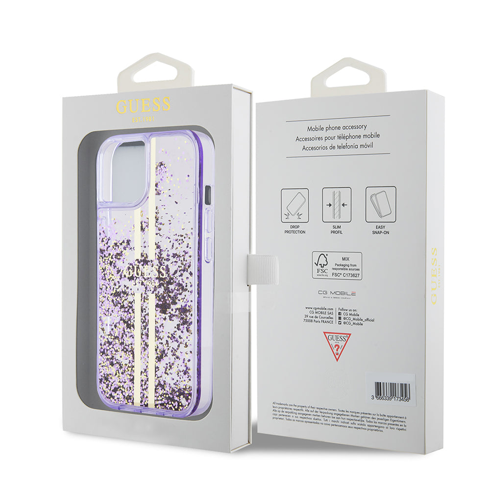 Apple iPhone 14 Case Guess Original Licensed Transparent Liquid Glitter Gold Striped Cover Pink