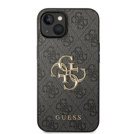 Apple iPhone 14 Kılıf Guess PU Deri Büyük Metal Logo Dizaynlı Kapak Gri