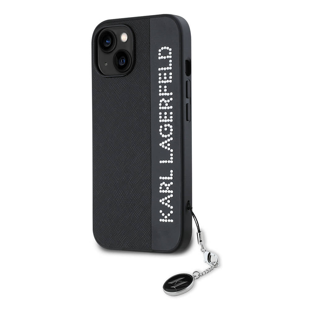 Apple iPhone 14 Case Karl Lagerfeld Original Licensed Keychain Stoned KL Written Saffiano Rhinestones Cover Black