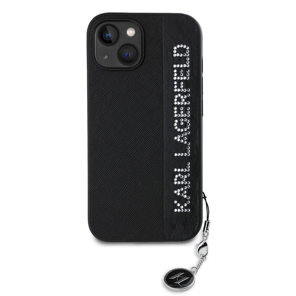Apple iPhone 14 Case Karl Lagerfeld Original Licensed Keychain Stoned KL Written Saffiano Rhinestones Cover Black