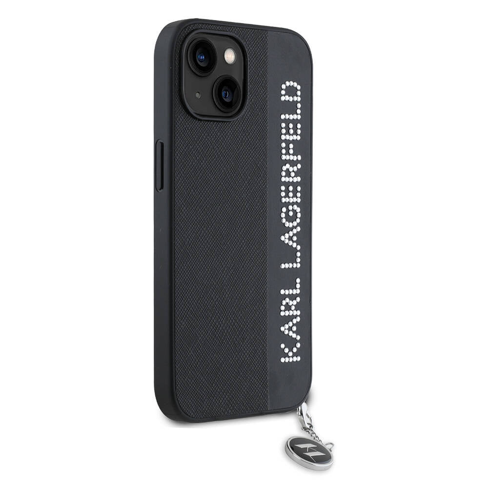 Apple iPhone 14 Case Karl Lagerfeld Original Licensed Keychain Stoned KL Written Saffiano Rhinestones Cover Black