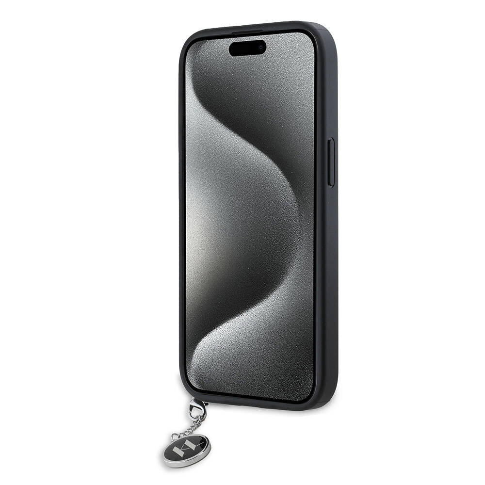 Apple iPhone 14 Case Karl Lagerfeld Original Licensed Keychain Stoned KL Written Saffiano Rhinestones Cover Black