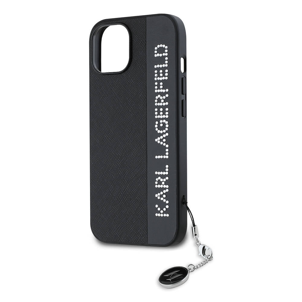 Apple iPhone 14 Case Karl Lagerfeld Original Licensed Keychain Stoned KL Written Saffiano Rhinestones Cover Black