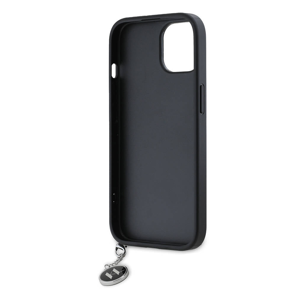 Apple iPhone 14 Case Karl Lagerfeld Original Licensed Keychain Stoned KL Written Saffiano Rhinestones Cover Black