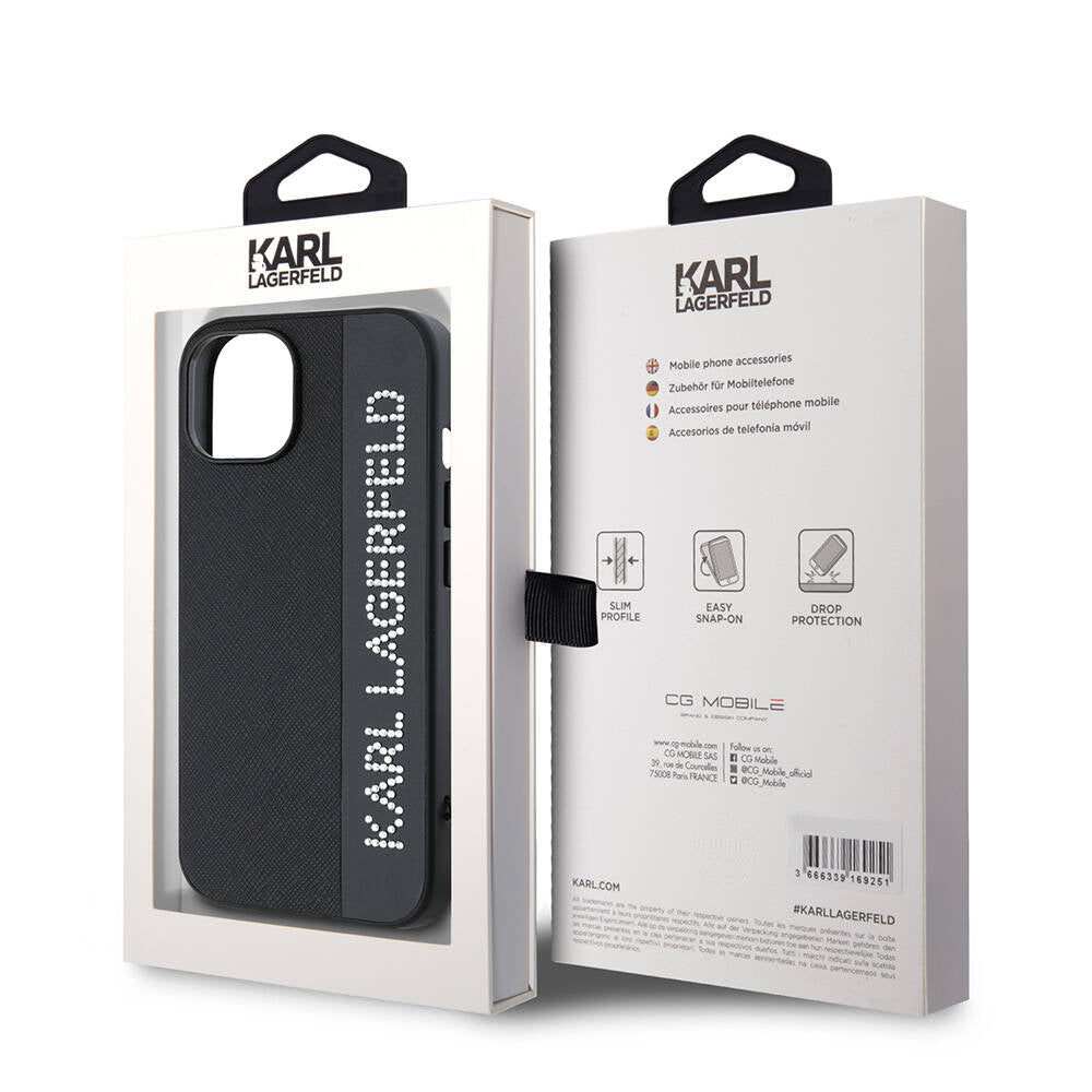 Apple iPhone 14 Case Karl Lagerfeld Original Licensed Keychain Stoned KL Written Saffiano Rhinestones Cover Black